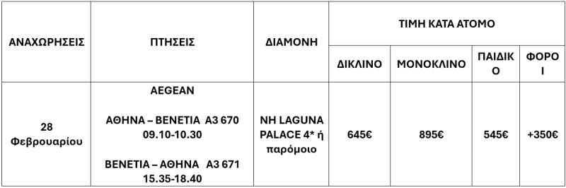 τιμοκατάλογος ΚΑΡΝΑΒΑΛΙ ΒΕΝΕΤΙΑΣ – ΤΕΡΓΕΣΤΗ 2025 