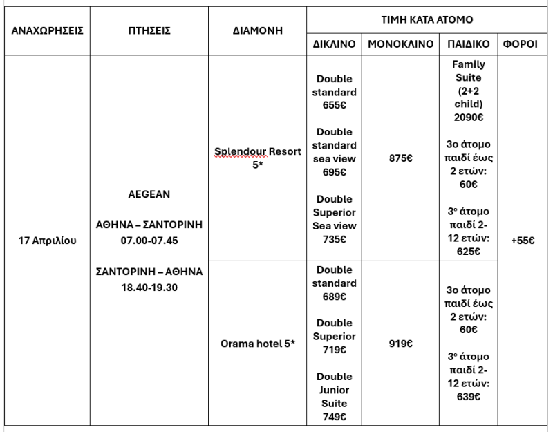 τιμοκατάλογος ΠΑΣΧΑ ΣΤΗ ΣΑΝΤΟΡΙΝΗ – ΑΕΡΟΠΟΡΙΚΩΣ – 5 ΗΜΕΡΕΣ 