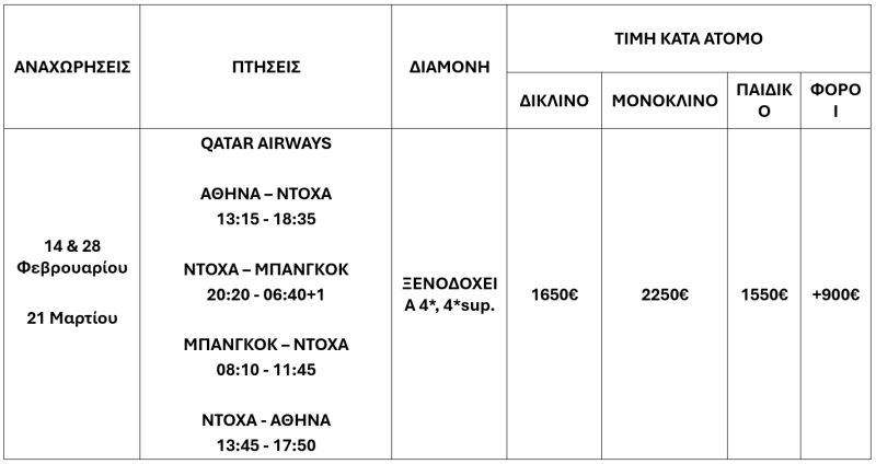 τιμοκατάλογος ΠΑΝΟΡΑΜΑ ΤΑΪΛΑΝΔΗΣ - ΣΤΟ ΧΡΥΣΟ ΤΡΙΓΩΝΟ ΤΟΥ ΟΠΙΟΥ – ΦΕΒΡΟΥΑΡΙΟΣ – ΚΑΘΑΡΑ ΔΕΥΤΕΡΑ & 25Η ΜΑΡΤΙΟΥ 