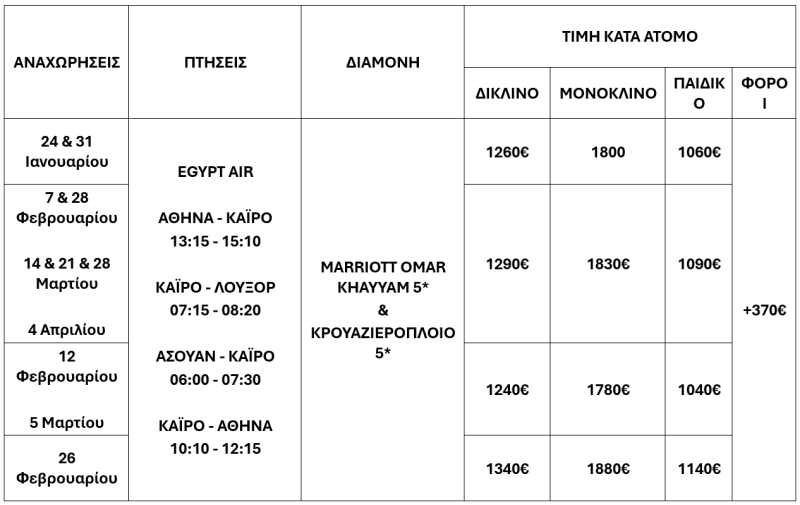 τιμοκατάλογος ΑΙΓΥΠΤΟΣ – ΚΡΟΥΑΖΙΕΡΑ ΝΕΙΛΟΥ – 8 ΗΜΕΡΕΣ ΧΕΙΜΩΝΑΣ – ΚΑΘΑΡΑ ΔΕΥΤΕΡΑ – 25Η ΜΑΡΤΙΟΥ – ΑΠΡΙΛΙΟΣ 