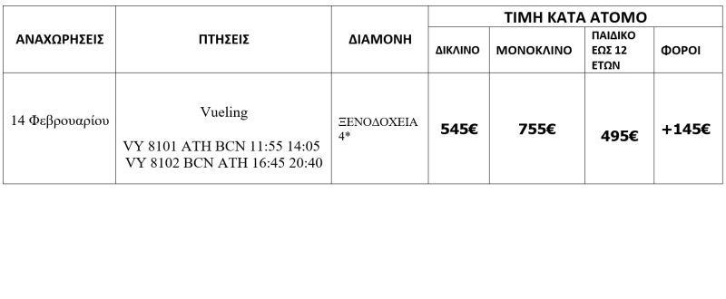 τιμοκατάλογος ΒΑΡΚΕΛΩΝΗ / 4 ΗΜΕΡΕΣ ΜΟΝΑΔΙΚΗ ΑΝΑΧΩΡΗΣΗ 14 ΦΕΒΡΟΥΑΡΙΟΥ 