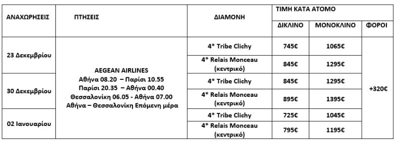 τιμοκατάλογος ΠΑΡΙΣΙ - 5 ΗΜΕΡΕΣ - ΧΡΙΣΤΟΥΓΕΝΝΑ - ΠΡΩΤΟΧΡΟΝΙΑ - ΘΕΟΦΑΝΕΙΑ