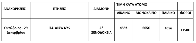 τιμοκατάλογος ΝΑΠΟΛΗ - 4 ΗΜΕΡΕΣ - ΝΟΕΜΒΡΙΟΣ & ΔΕΚΕΜΒΡΙΟΣ