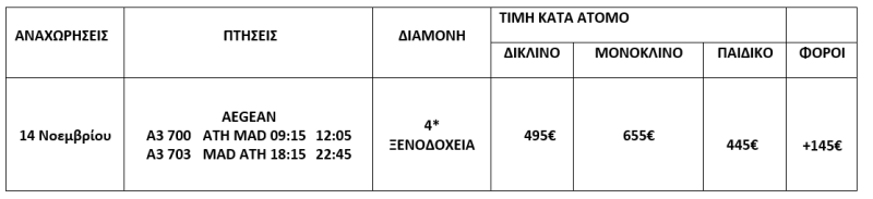 τιμοκατάλογος ΜΑΔΡΙΤΗ - ΤΟΛΕΔΟ - 4 ΗΜΕΡΕΣ - ΝΟΕΜΒΡΙΟΣ