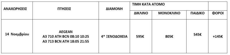 τιμοκατάλογος ΒΑΡΚΕΛΩΝΗ - 4 ΗΜΕΡΕΣ - ΝΟΕΜΒΡΙΟΣ