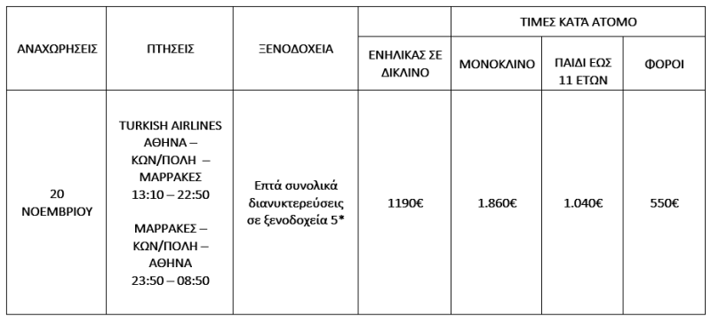 τιμοκατάλογος ΑΥΤΟΚΡΑΤΟΡΙΚΟ ΜΑΡΟΚΟ ΜΕ ΤΑΓΓΕΡΗ - 9 ΗΜΕΡΕΣ - ΝΟΕΜΒΡΙΟΣ