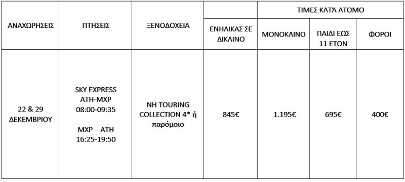 τιμοκατάλογος ΜΙΛΑΝΟ – ΣΑΙΝ ΜΟΡΙΤΖ – ΧΡΙΣΤΟΥΓΕΝΝΑ – ΠΡΩΤΟΧΡΟΝΙΑ – 6 ΗΜΕΡΕΣ