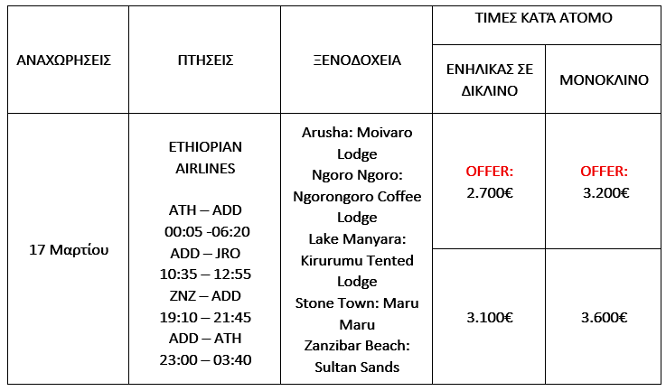 τιμοκατάλογος BLACK FRIDAY OFFER: ΤΑΝΖΑΝΙΑ - ΖΑΝΖΙΒΑΡΗ - 12 ΗΜΕΡΕΣ- ΜΑΡΤΙΟΣ 