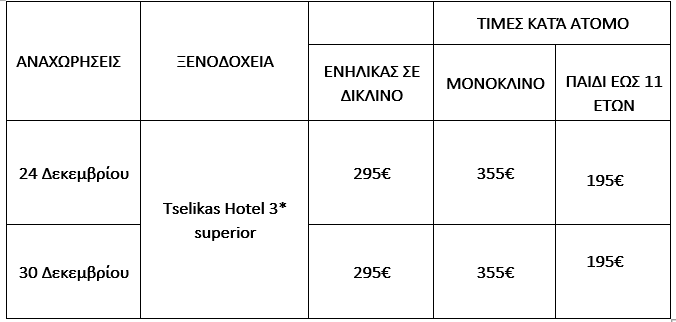 τιμοκατάλογος ΚΑΣΤΟΡΙΑ - ΝΥΜΦΑΙΟ - ΛΟΥΤΡΑ ΠΟΖΑΡ - 4 ΗΜΕΡΕΣ - ΧΡΙΣΤΟΥΓΕΝΝΑ - ΠΡΩΤΟΧΡΟΝΙΑ 