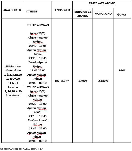 τιμοκατάλογος ΠΑΝΟΡΑΜΑ ΚΟΡΕΑΣ 9 ΗΜΕΡΕΣ - ΑΝΟΙΞΗ - ΚΑΛΟΚΑΙΡΙ 2026 