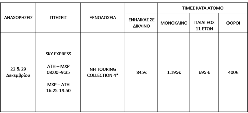 τιμοκατάλογος ΜΙΛΑΝΟ – ΣΑΙΝ ΜΟΡΙΤΖ – ΧΡΙΣΤΟΥΓΕΝΝΑ – ΠΡΩΤΟΧΡΟΝΙΑ – 6 ΗΜΕΡΕΣ 