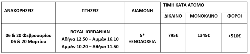 τιμοκατάλογος ΠΑΝΟΡΑΜΑ ΙΟΡΔΑΝΙΑΣ - 8 ΗΜΕΡΕΣ - ΦΕΒΡΟΥΑΡΙΟΣ & ΜΑΡΤΙΟΣ 2026 