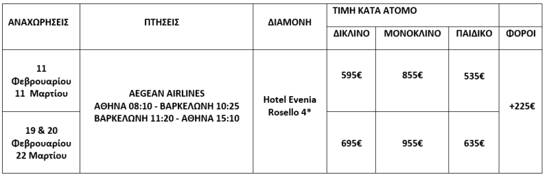 τιμοκατάλογος ΒΑΡΚΕΛΩΝΗ - 5 ΗΜΕΡΕΣ - ΦΕΒΡΟΥΑΡΙΟΣ & ΜΑΡΤΙΟΣ 2026 