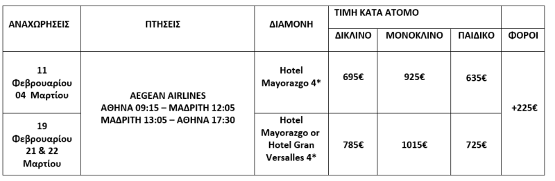 τιμοκατάλογος ΜΑΔΡΙΤΗ -ΤΟΛΕΔΟ-ΣΕΓΚΟΒΙΑ - 5 ΗΜΕΡΕΣ - ΦΕΒΡΟΥΑΡΙΟΣ & ΜΑΡΤΙΟΣ 2026 