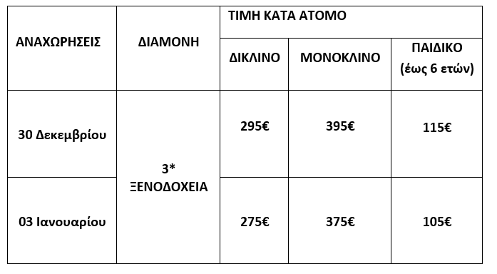 τιμοκατάλογος ΠΡΩΤΟΧΡΟΝΙΑ & ΘΕΟΦΑΝΕΙΑ ΣΤΟ ΚΑΡΠΕΝΗΣΙ - 4 ΗΜΕΡΕΣ 