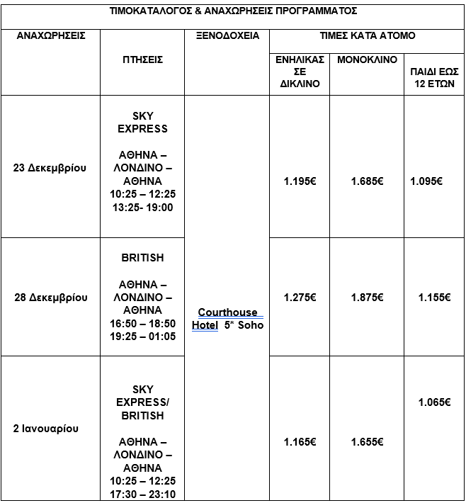 τιμοκατάλογος ΛΟΝΔΙΝΟ – HARRY POTTER ΧΡΙΣΤΟΥΓΕΝΝΑ – ΠΡΩΤΟΧΡΟΝΙΑ – ΘΕΟΦΑΝΕΙΑ 2026 - 5 ΗΜΕΡΕΣ 