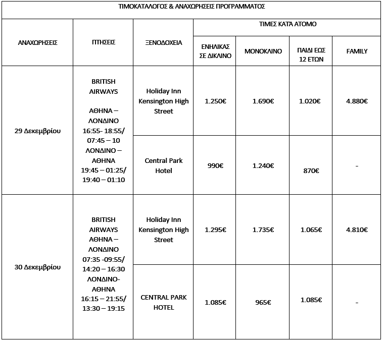 τιμοκατάλογος ΛΟΝΔΙΝΟ – HARRY POTTER ΠΡΩΤΟΧΡΟΝΙΑ 2026 - 5 ΗΜΕΡΕΣ 