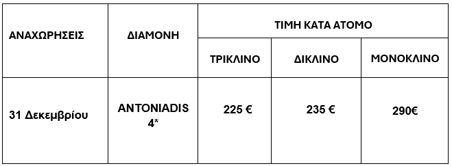 τιμοκατάλογος ΜΕΤΕΩΡΑ & ΜΥΛΟΣ ΤΩΝ ΞΩΤΙΚΩΝ - ΠΡΩΤΟΧΡΟΝΙΑ - 3 ΗΜΕΡΕΣ 