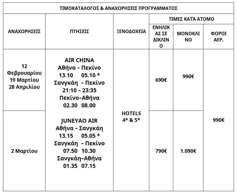 τιμοκατάλογος ΚΙΝΑ: ΠΕΚΙΝΟ - ΣΑΓΚΑΗ - ΣΟΥΤΣΟΟΥ - 8 ΗΜΕΡΕΣ - ΧΕΙΜΩΝΑΣ - ΑΝΟΙΞΗ 