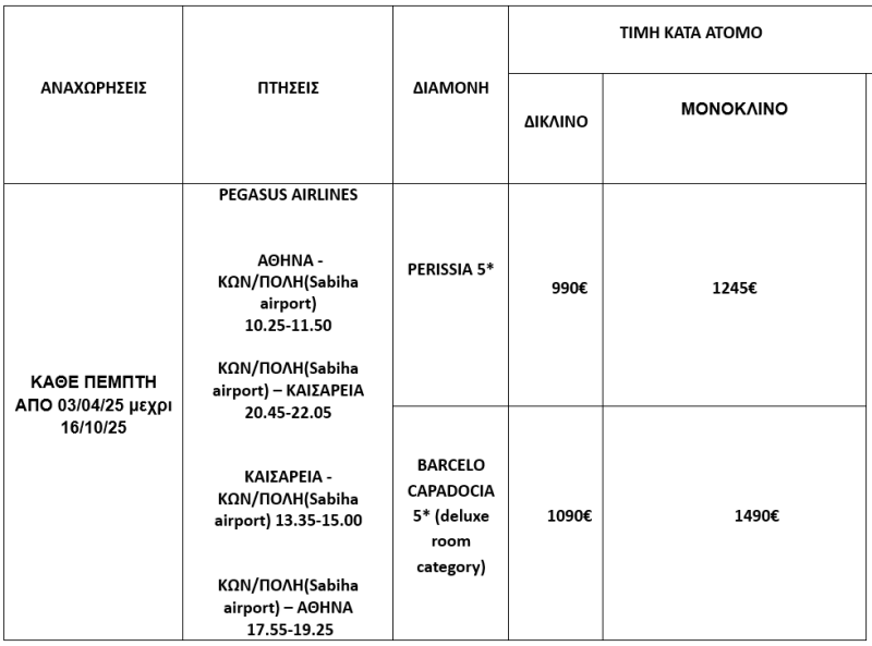 τιμοκατάλογος ΚΑΠΠΑΔΟΚΙΑ  Aναχωρήσεις απο 03/04/25 μεχρι 16/10/25 καθε Πεμπτη 