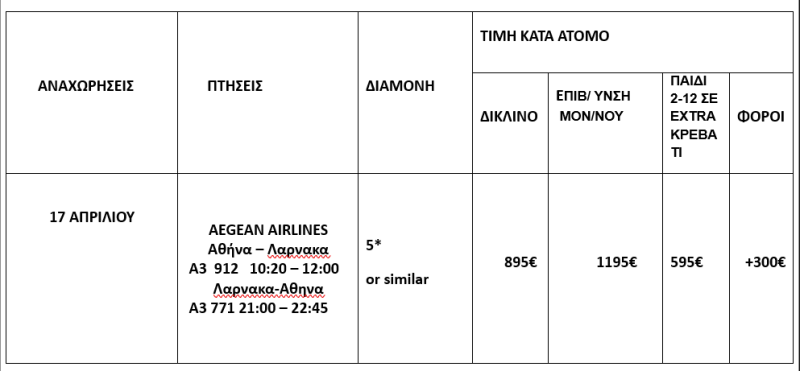 τιμοκατάλογος ΚΥΠΡΟΣ – ΠΑΣΧΑ – 6 ΗΜΕΡΕΣ 