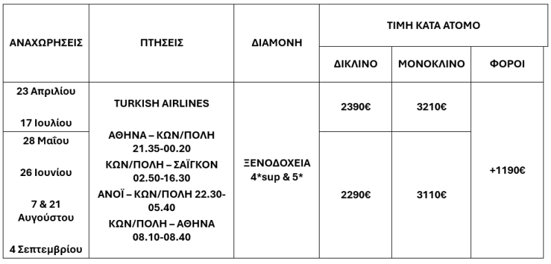 τιμοκατάλογος ΒΙΕΤΝΑΜ – ΚΑΜΠΟΤΖΗ – 13 ΗΜΕΡΕΣ 