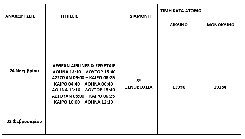 τιμοκατάλογος ΚΑΙΡΟ - ΑΛΕΞΑΝΔΡΕΙΑ & 5ΗΜΕΡΗ ΚΡΟΥΑΖΙΕΡΑ ΝΕΙΛΟΥ - ΧΕΙΜΩΝΑΣ 2025
