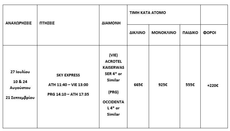 pricelist VIENNA – PRAGUE 6 DAYS – JULY, AUGUST & SEPTEMBER 