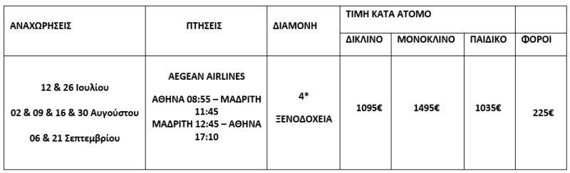 τιμοκατάλογος ΜΑΔΡΙΤΗ ΑΝΔΑΛΟΥΣΙΑ - ΚΑΛΟΚΑΙΡΙ & ΦΘΙΝΟΠΩΡΟ 