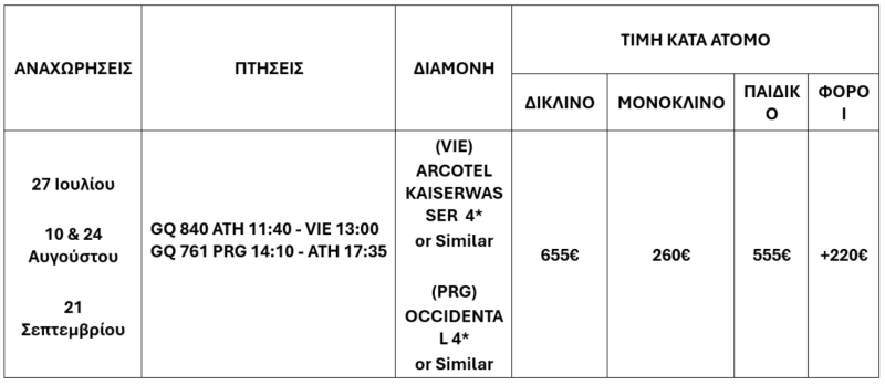 τιμοκατάλογος ΒΙΕΝΝΗ – ΠΡΑΓΑ 6 ΗΜΕΡΕΣ – ΙΟΥΛΙΟΣ, ΑΥΓΟΥΣΤΟΣ & ΣΕΠΤΕΜΒΡΗΣ