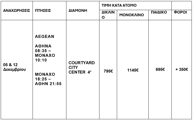 τιμοκατάλογος ΜΟΝΑΧΟ - 5 ΗΜΕΡΕΣ - ΔΕΚΕΜΒΡΙΟΣ 2025