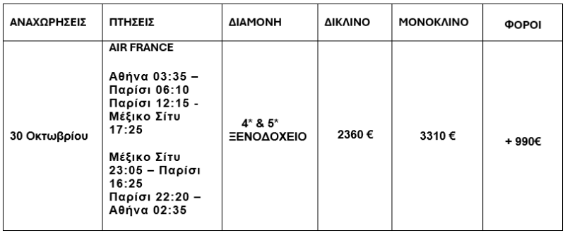 τιμοκατάλογος ΑΠΟΙΚΙΑΚΟ ΜΕΞΙΚΟ - 12 ΗΜΕΡΕΣ - ΟΚΤΩΒΡΙΟΣ 2025