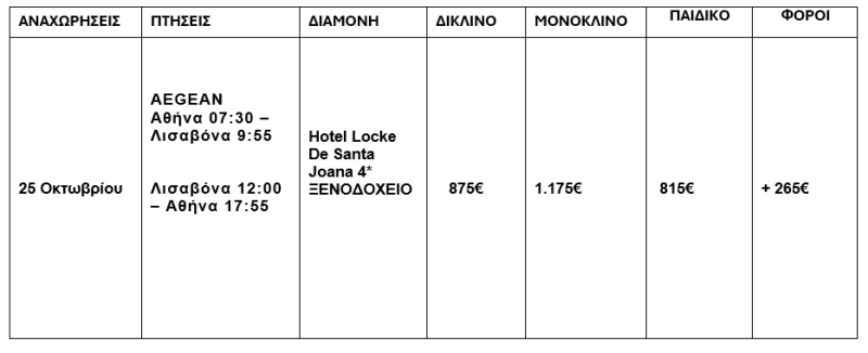 τιμοκατάλογος ΛΙΣΑΒΟΝΑ - 5 ΗΜΕΡΕΣ - 28η ΟΚΤΩΒΡΙΟΥ 2025 