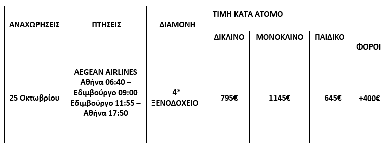 τιμοκατάλογος ΣΚΩΤΙΑ - ΧΑΙΛΑΝΤΣ - 4 ΗΜΕΡΕΣ - 28Η ΟΚΤΩΒΡΙΟΥ 2025