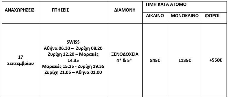 τιμοκατάλογος ΠΑΝΟΡΑΜΑ ΜΑΡΟΚΟΥ - 8 ΗΜΕΡΕΣ - ΣΕΠΤΕΜΒΡΙΟΣ 2025 