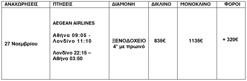 τιμοκατάλογος ΛΟΝΔΙΝΟ ΓΟΥΙΝΔΣΟΡ - 4 ΗΜΕΡΕΣ - ΝΟΕΜΒΡΙΟΣ 2025