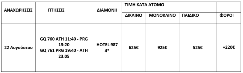 τιμοκατάλογος ΠΡΑΓΑ - 6 ΗΜΕΡΕΣ - ΑΥΓΟΥΣΤΟΣ 2025