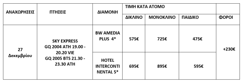 τιμοκατάλογος ΒΙΕΝΝΗ - 4 ΗΜΕΡΕΣ - AFTER XMAS 
