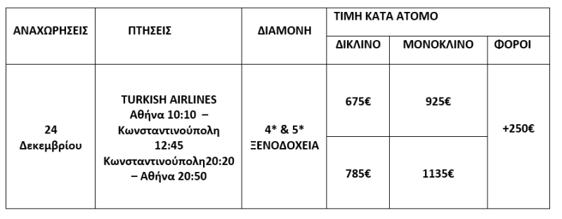 τιμοκατάλογος ΚΩΝΣΤΑΝΤΙΝΟΥΠΟΛΗ - 5 ΗΜΕΡΕΣ - ΧΡΙΣΤΟΥΓΕΝΝΑ 