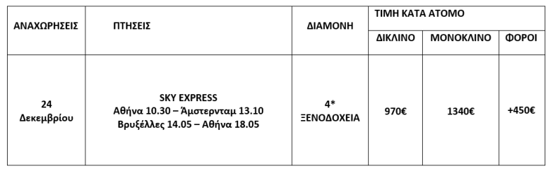 τιμοκατάλογος ΜΠΕΝΕΛΟΥΞ - 6 ΗΜΕΡΕΣ - ΧΡΙΣΤΟΥΓΕΝΝΑ 