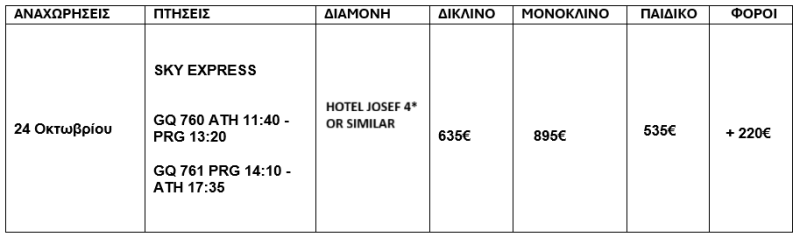 τιμοκατάλογος ΠΡΑΓΑ - 5 ΗΜΕΡΕΣ - 28Η ΟΚΤΩΒΡΙΟΥ 2025 