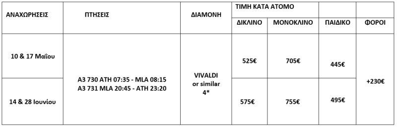 τιμοκατάλογος ΜΑΛΤΑ - ΜΑΙΟΣ & ΙΟΥΝΙΟΣ - 4 ΗΜΕΡΕΣ 