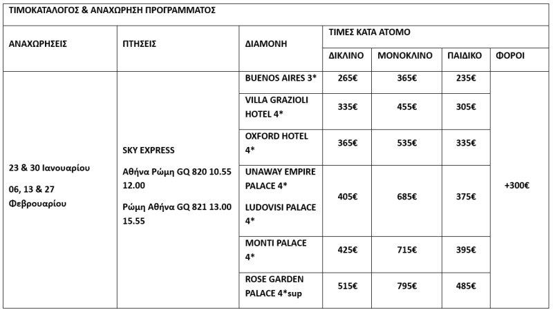 τιμοκατάλογος ΡΩΜΗ - ΒΑΤΙΚΑΝΟ - ΦΛΩΡΕΝΤΙΑ - ΙΑΝΟΥΑΡΙΟΣ & ΦΕΒΡΟΥΑΡΙΟΣ - 4 ΗΜΕΡΕΣ 