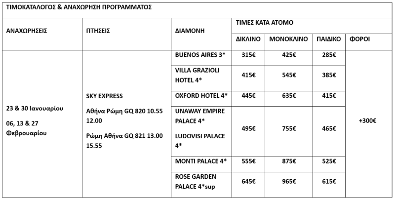 τιμοκατάλογος ΡΩΜΗ - ΒΑΤΙΚΑΝΟ - ΦΛΩΡΕΝΤΙΑ - ΙΑΝΟΥΑΡΙΟΣ & ΦΕΒΡΟΥΑΡΙΟΣ - 5 ΗΜΕΡΕΣ 
