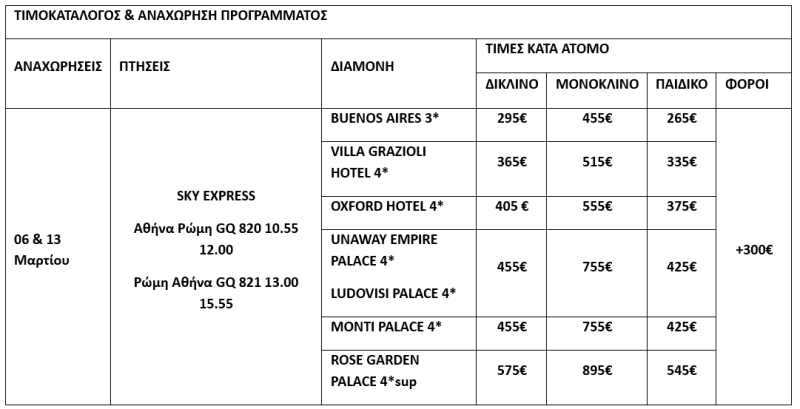 τιμοκατάλογος ΡΩΜΗ - ΒΑΤΙΚΑΝΟ - ΦΛΩΡΕΝΤΙΑ - ΜΑΡΤΙΟΣ - 4 ΗΜΕΡΕΣ 