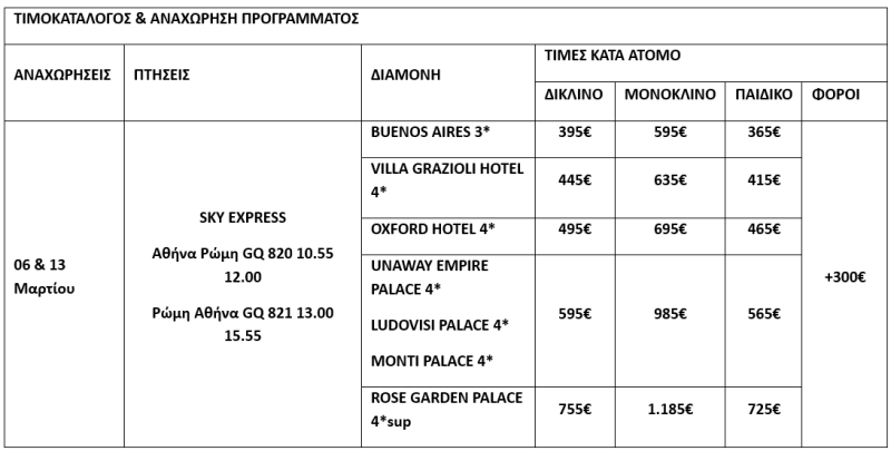 τιμοκατάλογος ΡΩΜΗ - ΒΑΤΙΚΑΝΟ - ΦΛΩΡΕΝΤΙΑ - ΜΑΡΤΙΟΣ - 5 ΗΜΕΡΕΣ 
