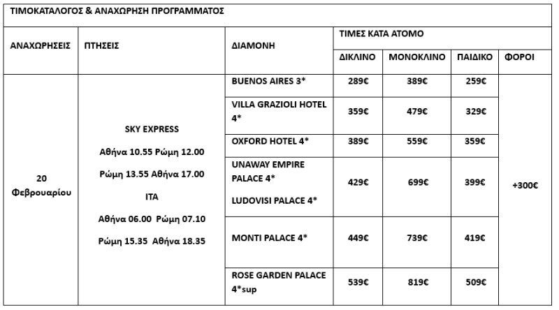 τιμοκατάλογος ΚΑΘΑΡΑ ΔΕΥΤΕΡΑ ΣΕ ΡΩΜΗ - ΒΑΤΙΚΑΝΟ - ΦΛΩΡΕΝΤΙΑ - 4 ΗΜΕΡΕΣ 