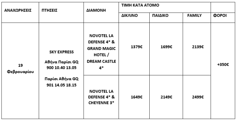 τιμοκατάλογος ΚΑΘΑΡΑ ΔΕΥΤΕΡΑ ΣΤΗ DISNEYLAND - 5 ΗΜΕΡΕΣ 