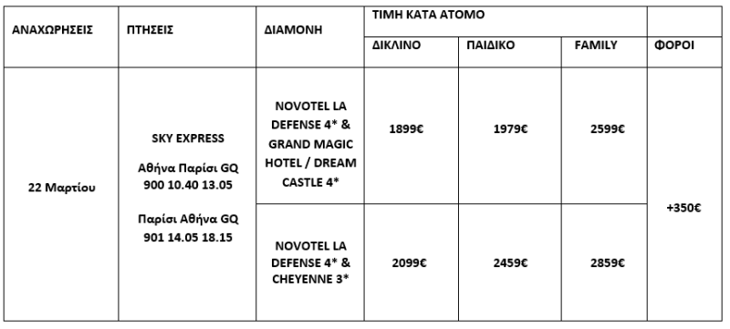 τιμοκατάλογος 25Η ΜΑΡΤΙΟΥ ΣΤΗ DISNEYLAND - 5 ΗΜΕΡΕΣ 