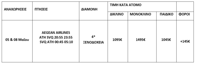 τιμοκατάλογος ΑΝΟΙΞΗ ΣΤΗΝ ΑΝΔΑΛΟΥΣΙΑ - 8 ΗΜΕΡΕΣ 